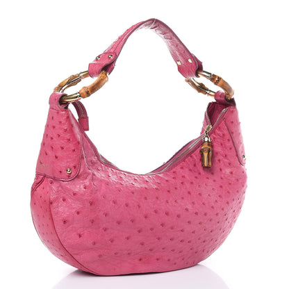Gucci Ostrich Bamboo Ring Half Moon Hobo Pink 3 of 11