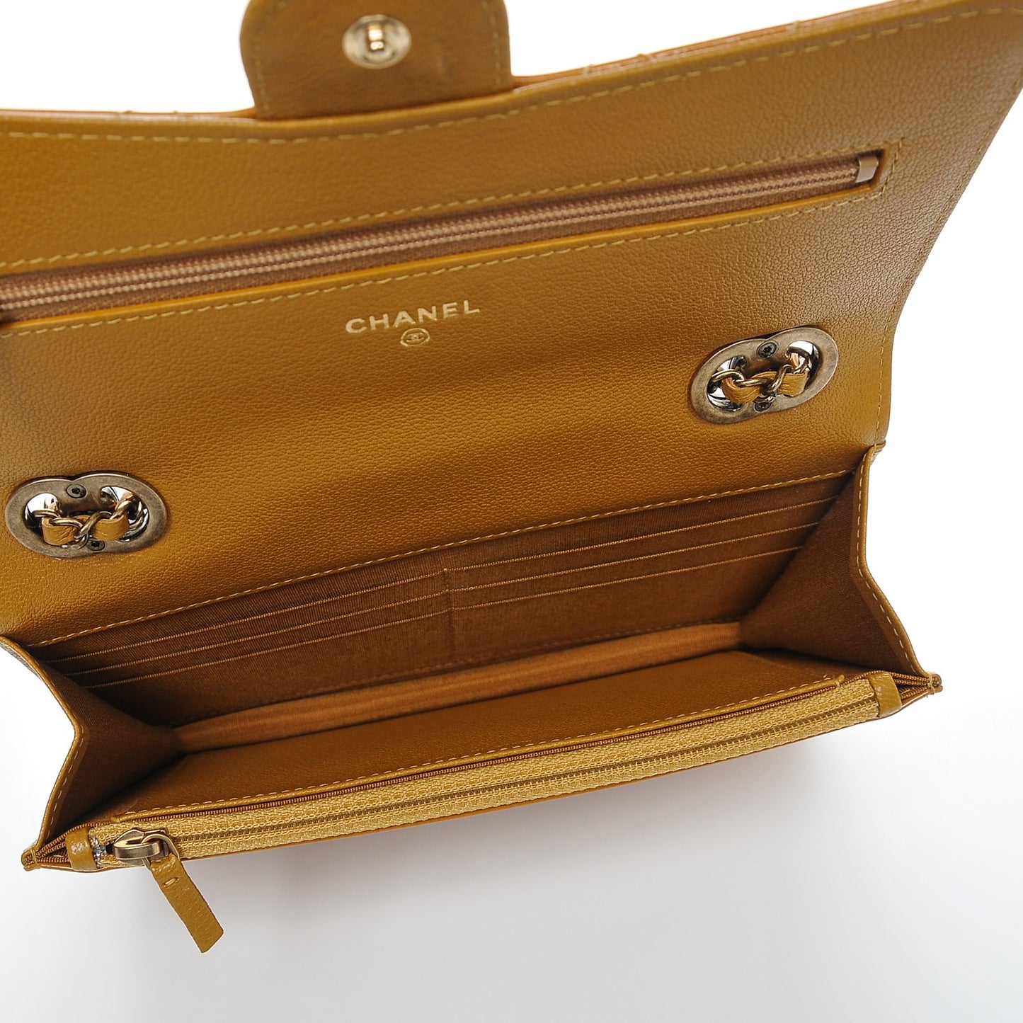 Patent Goatskin Quilted Wallet On Chain WOC Camel