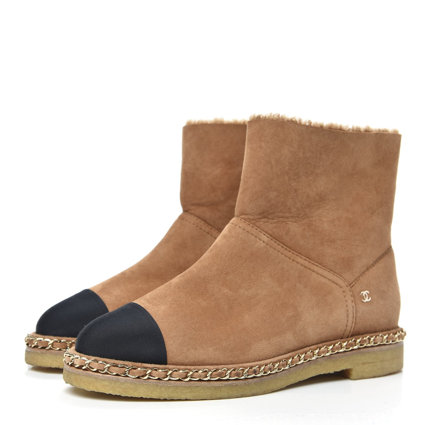 Kid Suede Shearling Womens Cap Toe Chain Short Boots 40 Light Brown Black