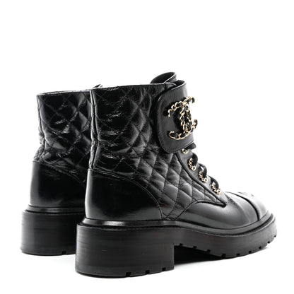 Chanel Shiny Goatskin Calfskin Quilted Lace Up Combat Boots 37 Black 4 of 8