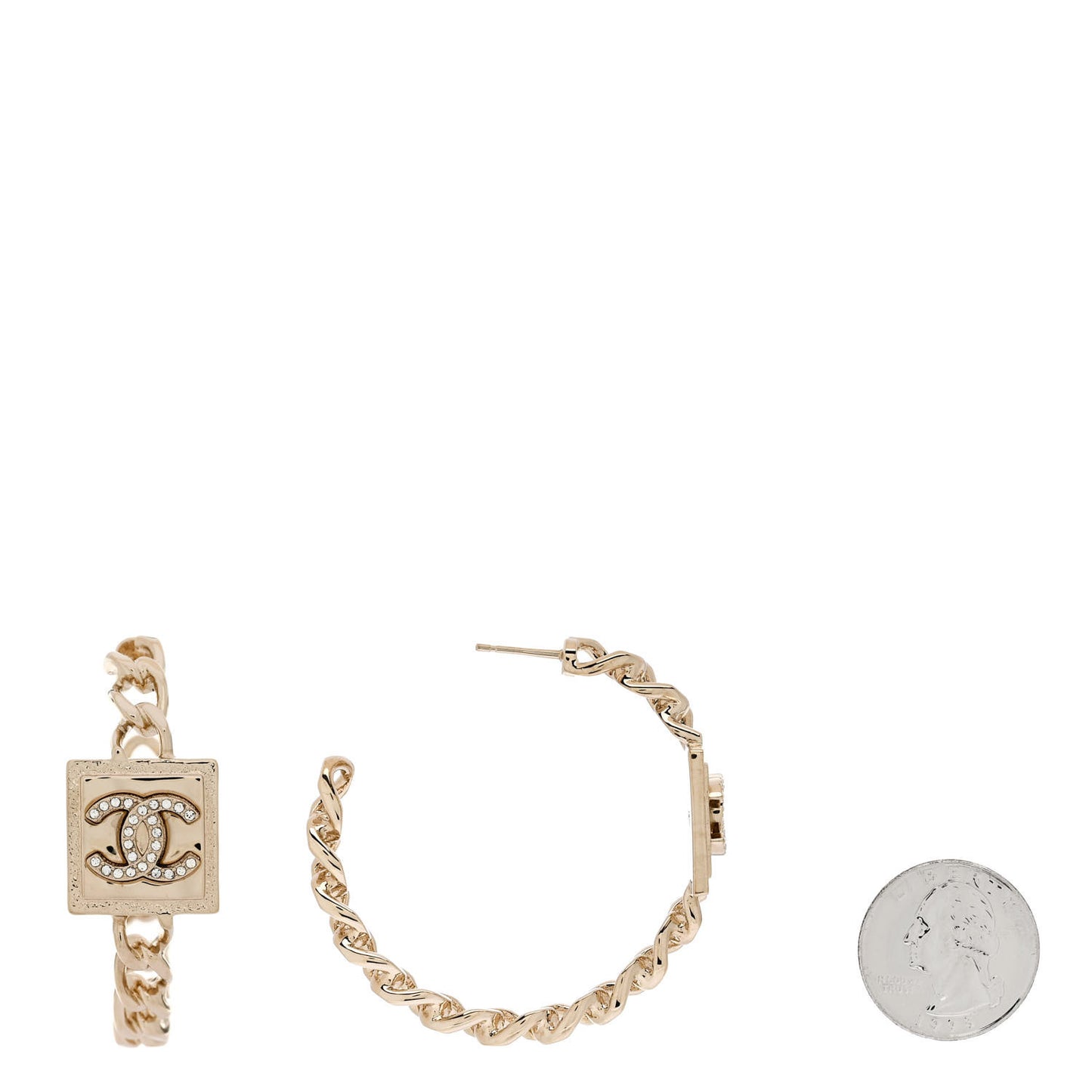 Metal Crystal CC Square Chain Hoop Earrings Gold