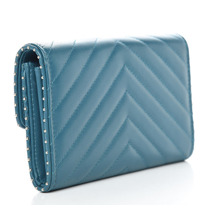 Chanel Lambskin Chevron Quilted Studded Small Flap Wallet Teal 3 of 13