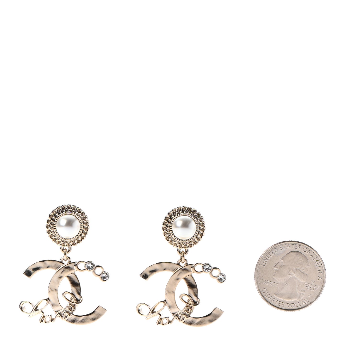 Metal Pearl Crystal Coco Script CC Drop Earrings Gold