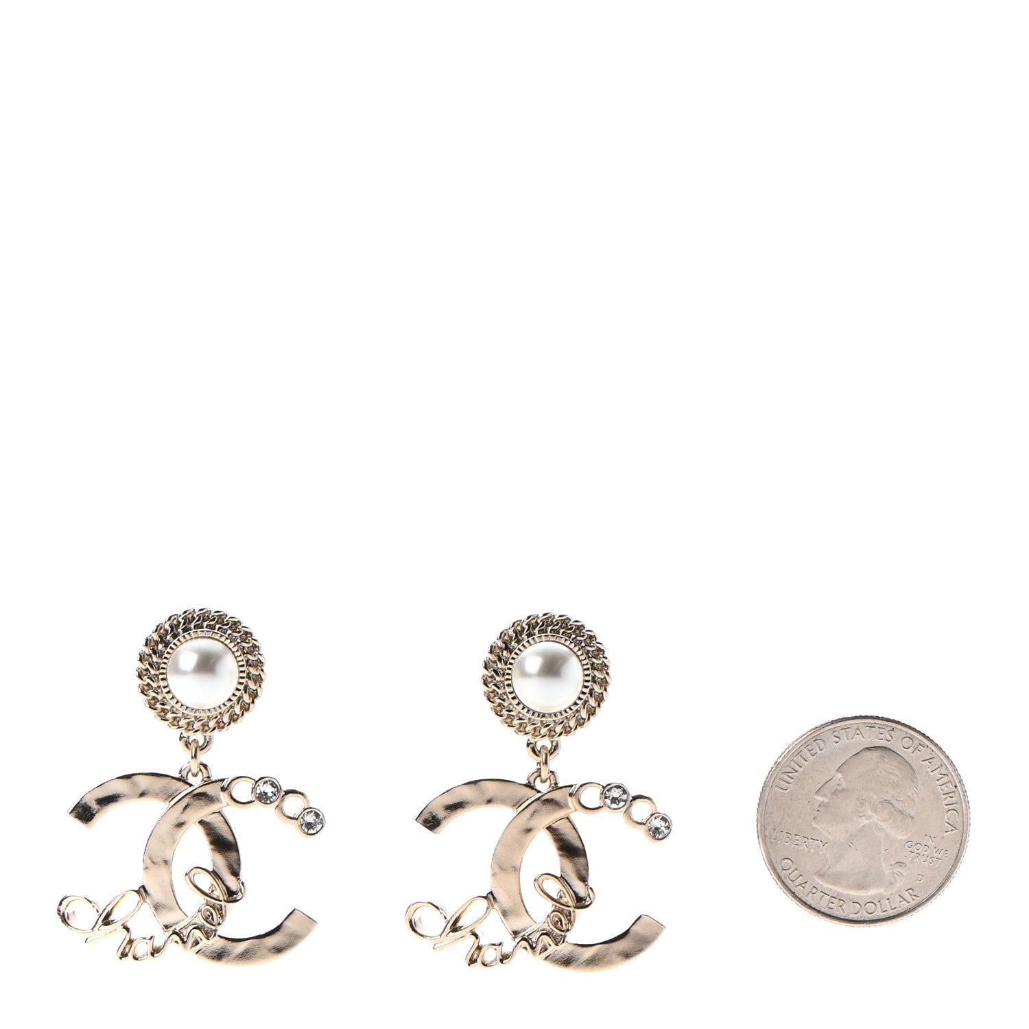 Chanel Metal Pearl Crystal Coco Script CC Drop Earrings Gold 2 of 4