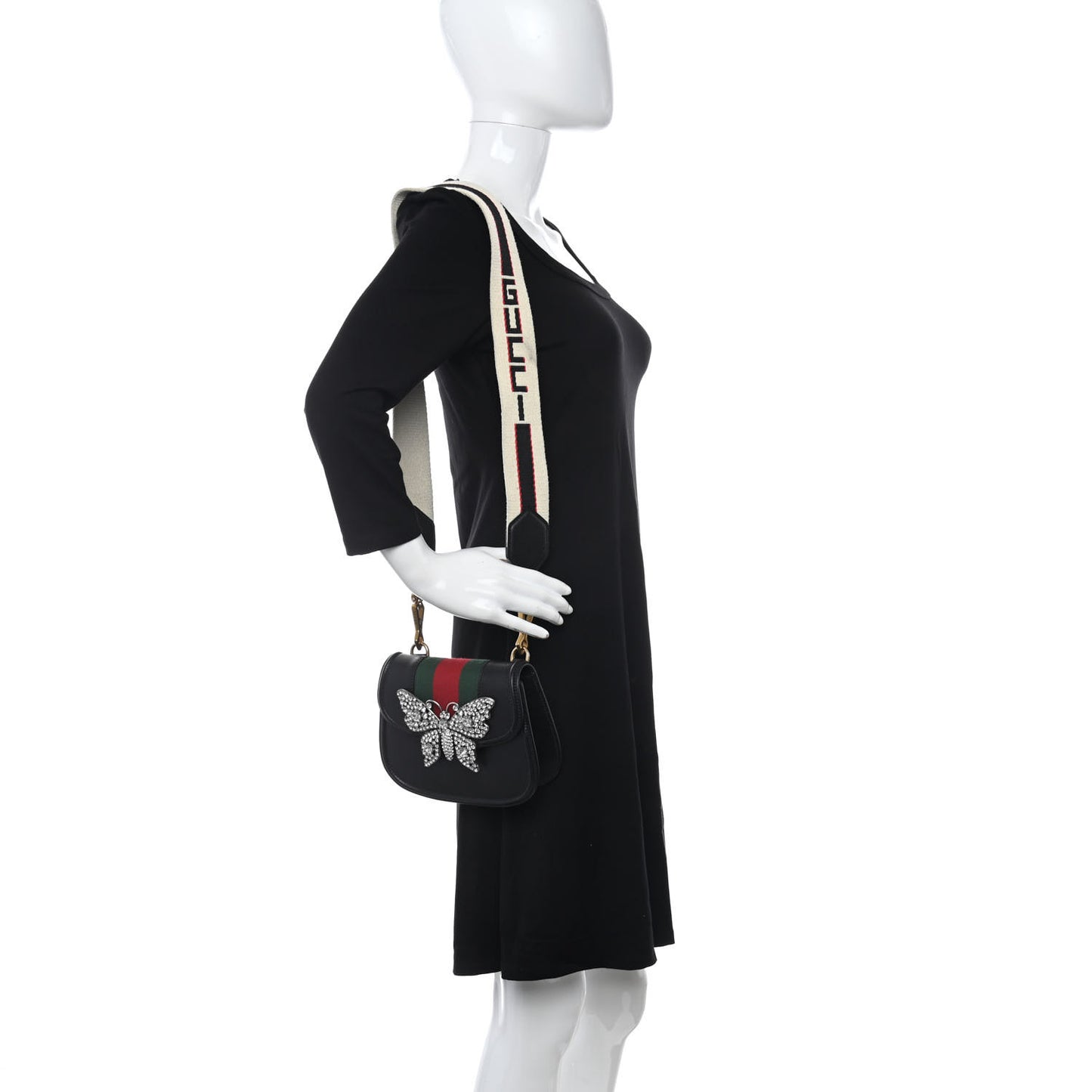 Calfskin Web Crystal Butterfly Stripe Small Totem Shoulder Bag Black