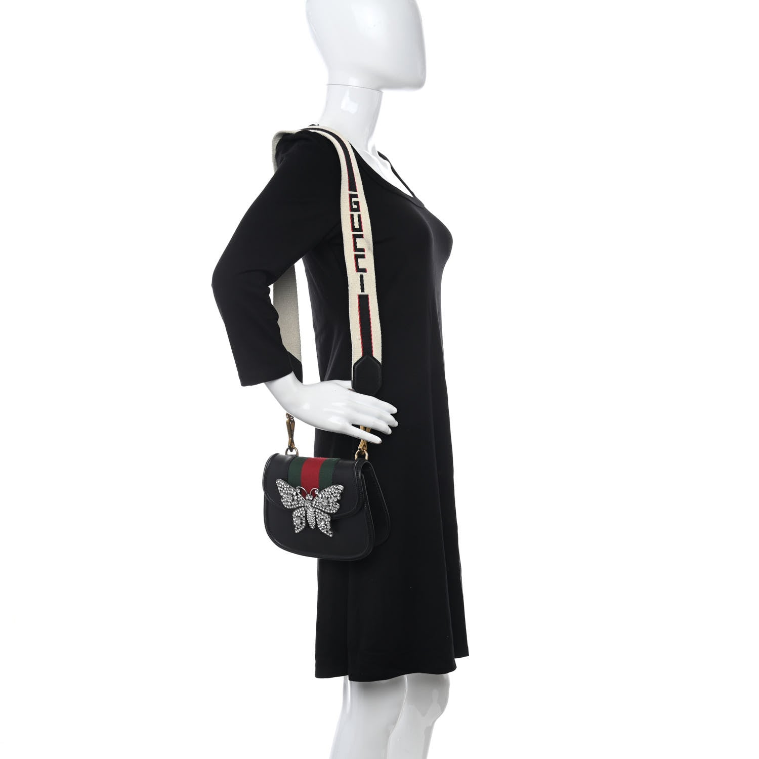 Gucci Calfskin Web Crystal Butterfly Stripe Small Totem Shoulder Bag Black 2 of 13