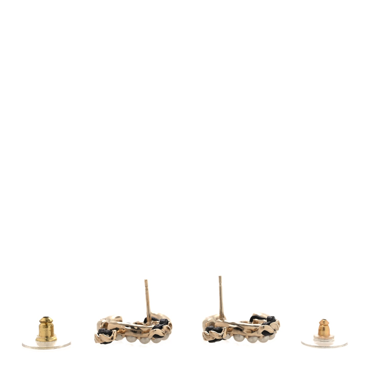 Pearl Lambskin Chain CC Stud Earrings Gold Black