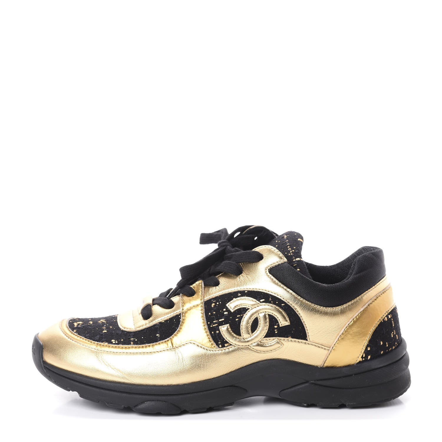 Chanel Suede Tweed CC Sneakers 41 Black Gold 1 of 6