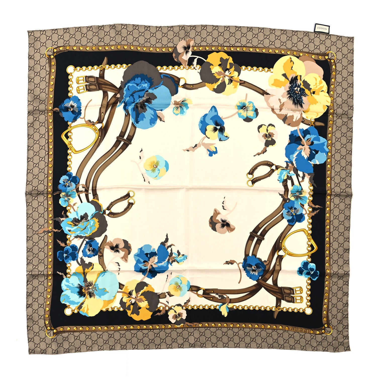 Gucci Silk Twill GG Monogram New Panshie Square Scarf Black Sky Blue 1 of 3