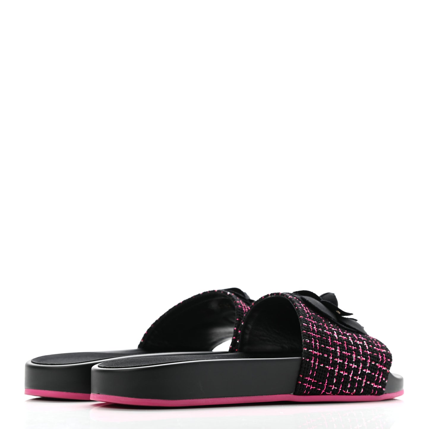 Tweed Grosgrain Camellia CC Flat Mules 40 Black Pink