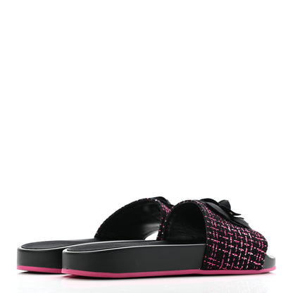 Chanel Tweed Grosgrain Camellia CC Flat Mules 40 Black Pink 4 of 11