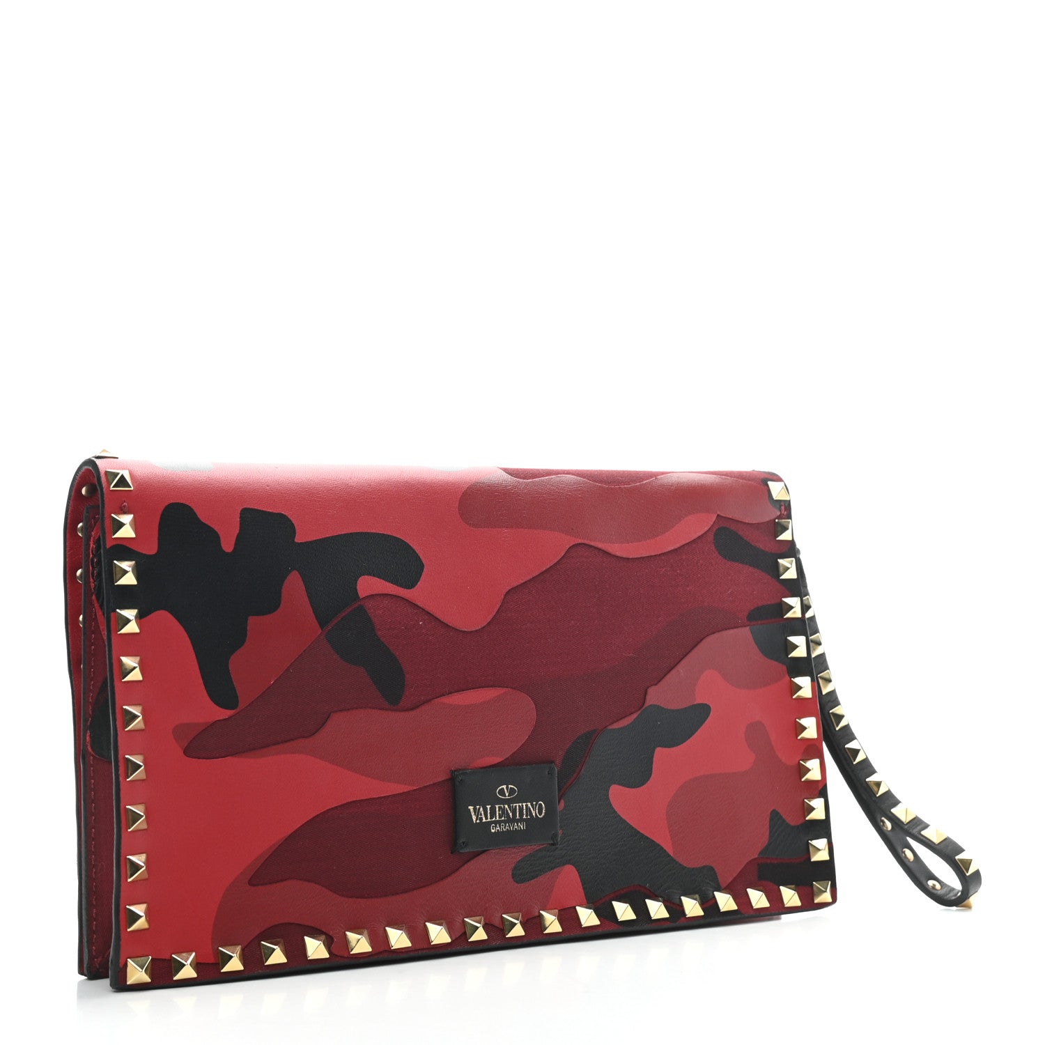 Valentino Garavani Nappa Canvas Camouflage Rockstud Wristlet Clutch Red Black 3 of 8