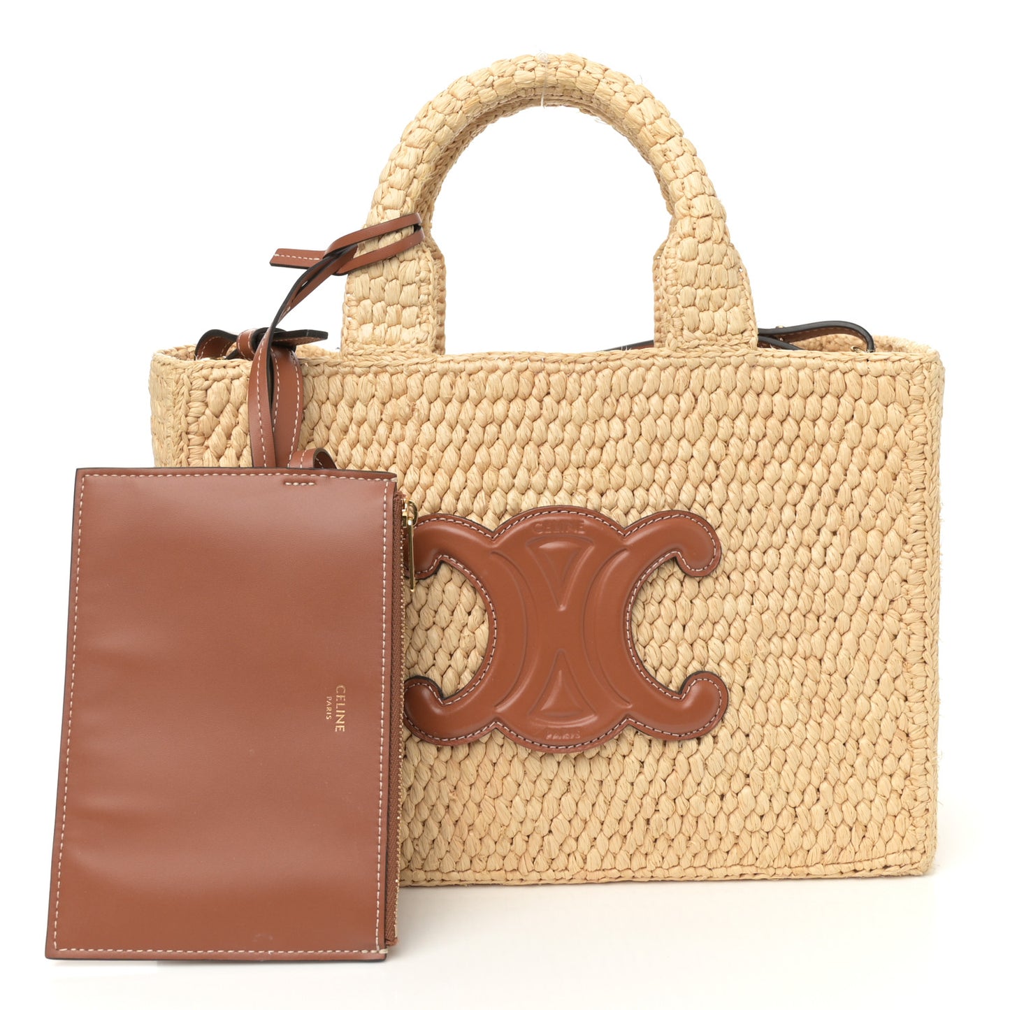 Raffia Calfskin Triomphe Small Cabas Thais Tan