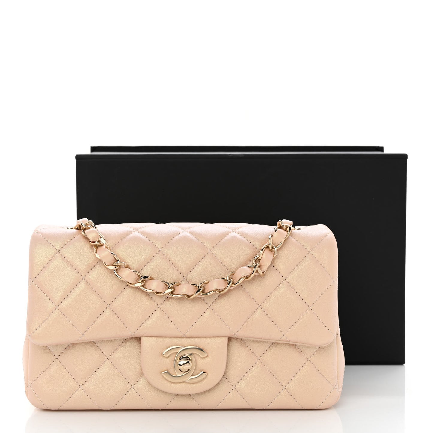 Iridescent Lambskin Quilted Mini Rectangular Flap Beige