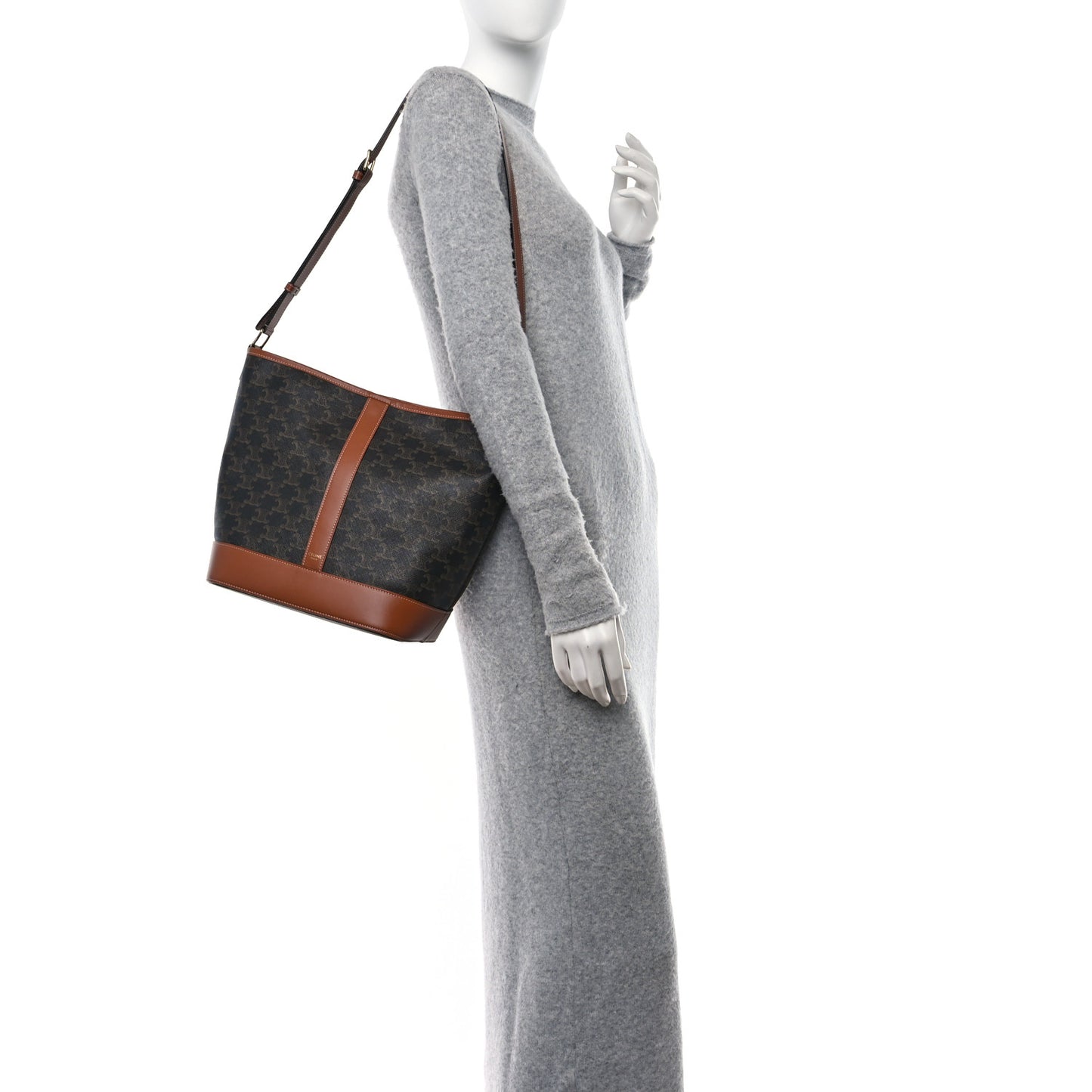 Triomphe Canvas Calfskin Medium Bucket Bag Tan