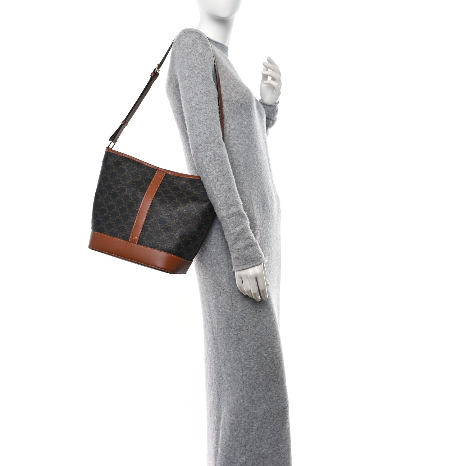 Celine Triomphe Canvas Calfskin Medium Bucket Bag Tan 3 of 13