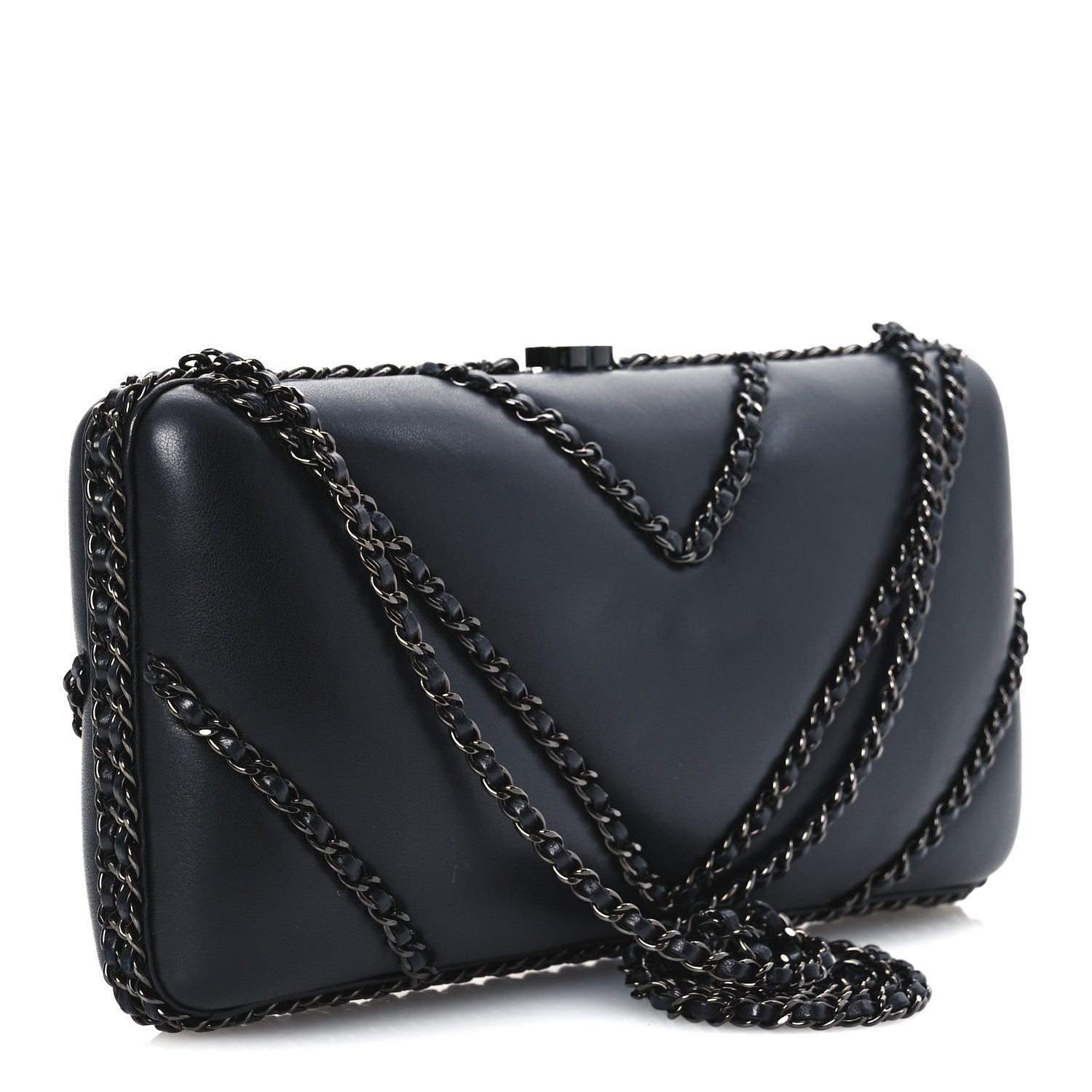 Chanel Lambskin Chevron Quilted Chain Around Clutch Black 3 of 11