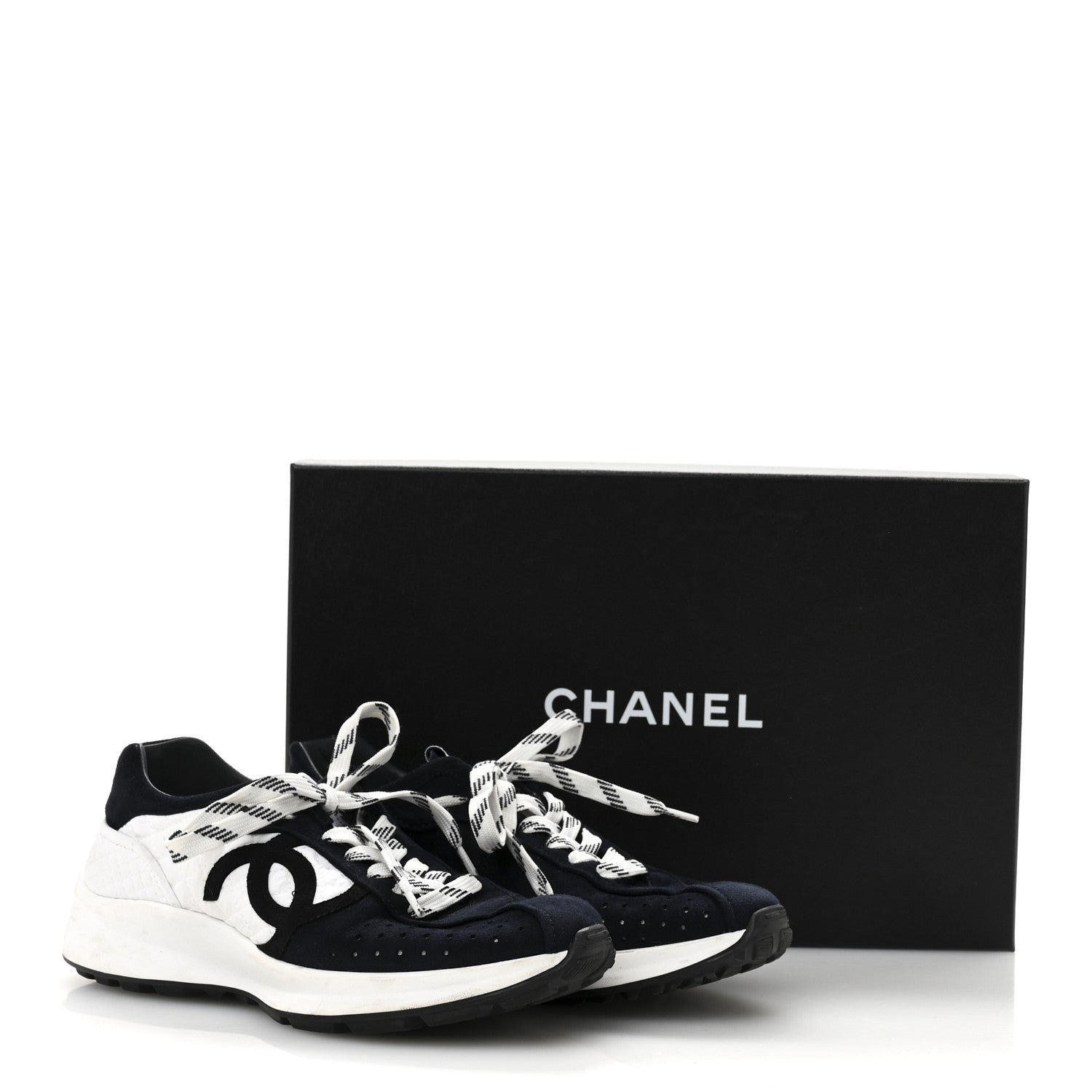 Chanel Fabric Suede Kidskin CC Sneakers 37.5 Dark Navy White 12 of 12