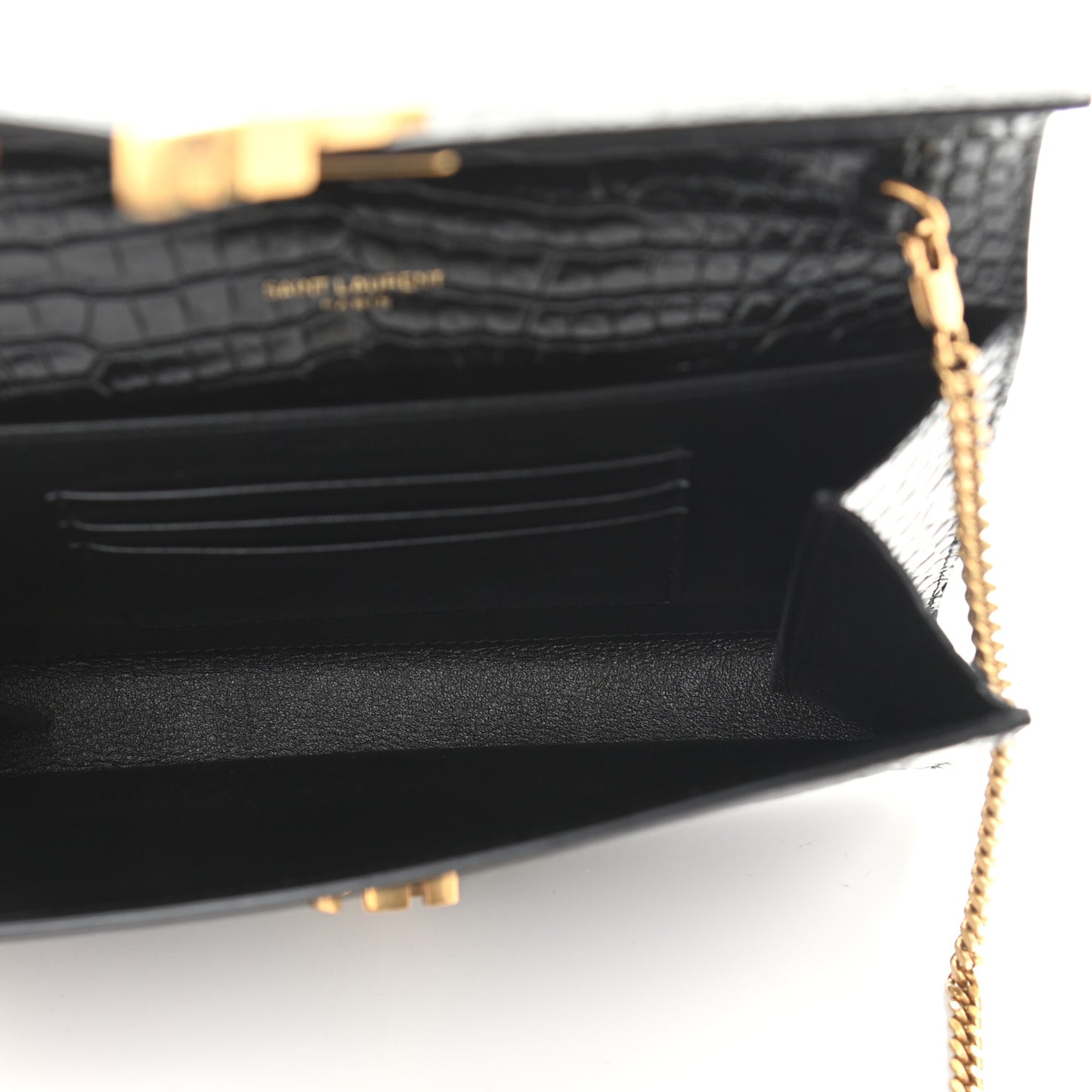 Calfskin Crocodile Embossed Monogram Cassandra Chain Wallet Black