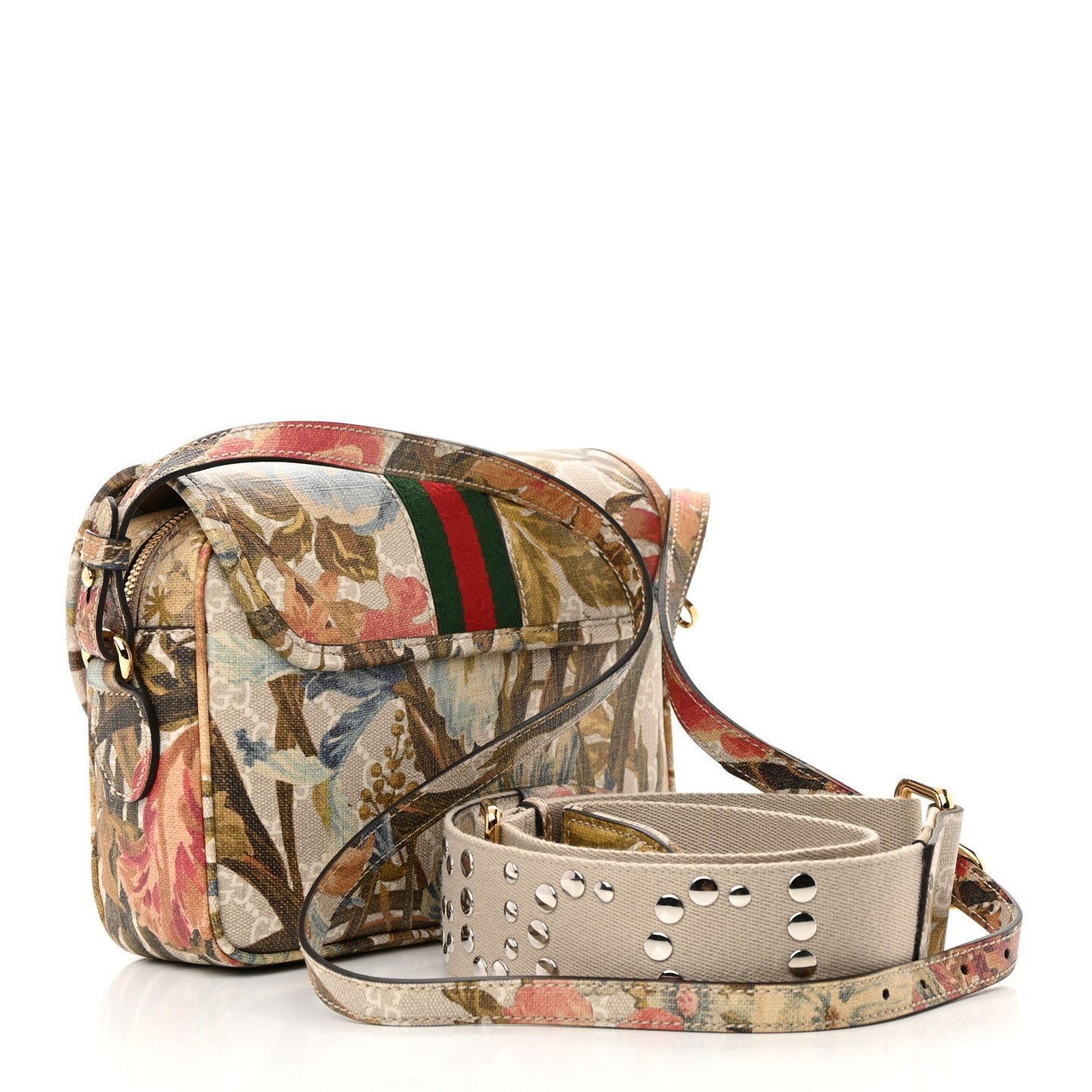 GG Supreme Monogram Water Flora Web Studded Mini Ophidia Flap Shoulder Bag Beige White Multicolor