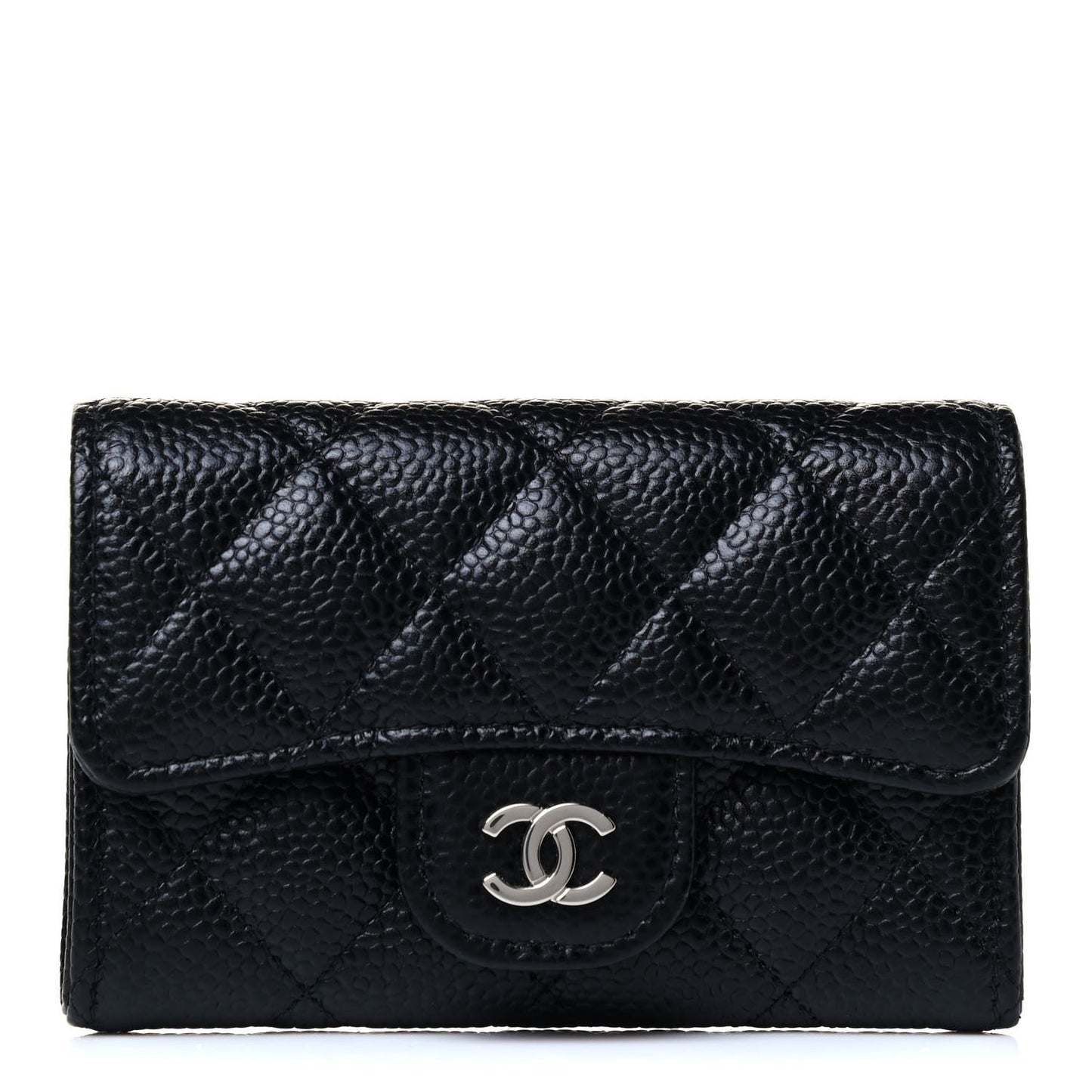 Caviar Quilted Flap Card Holder Wallet Black