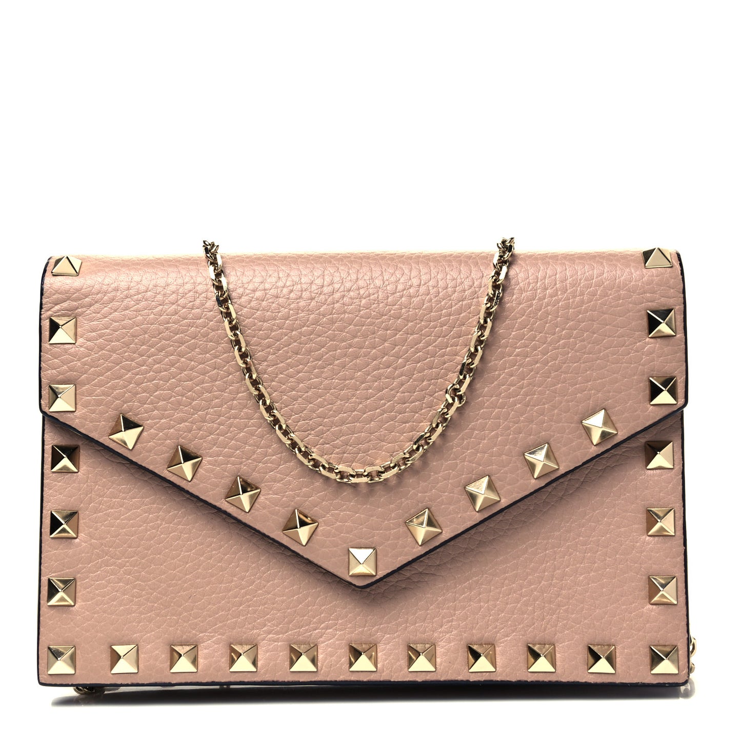 Pebbled Calfskin Rockstud Envelope Wallet on Chain Poudre
