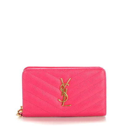 Saint Laurent Grain De Poudre Matelasse Chevron Monogram Phone Wallet Lipstick Fuchsia 1 of 7