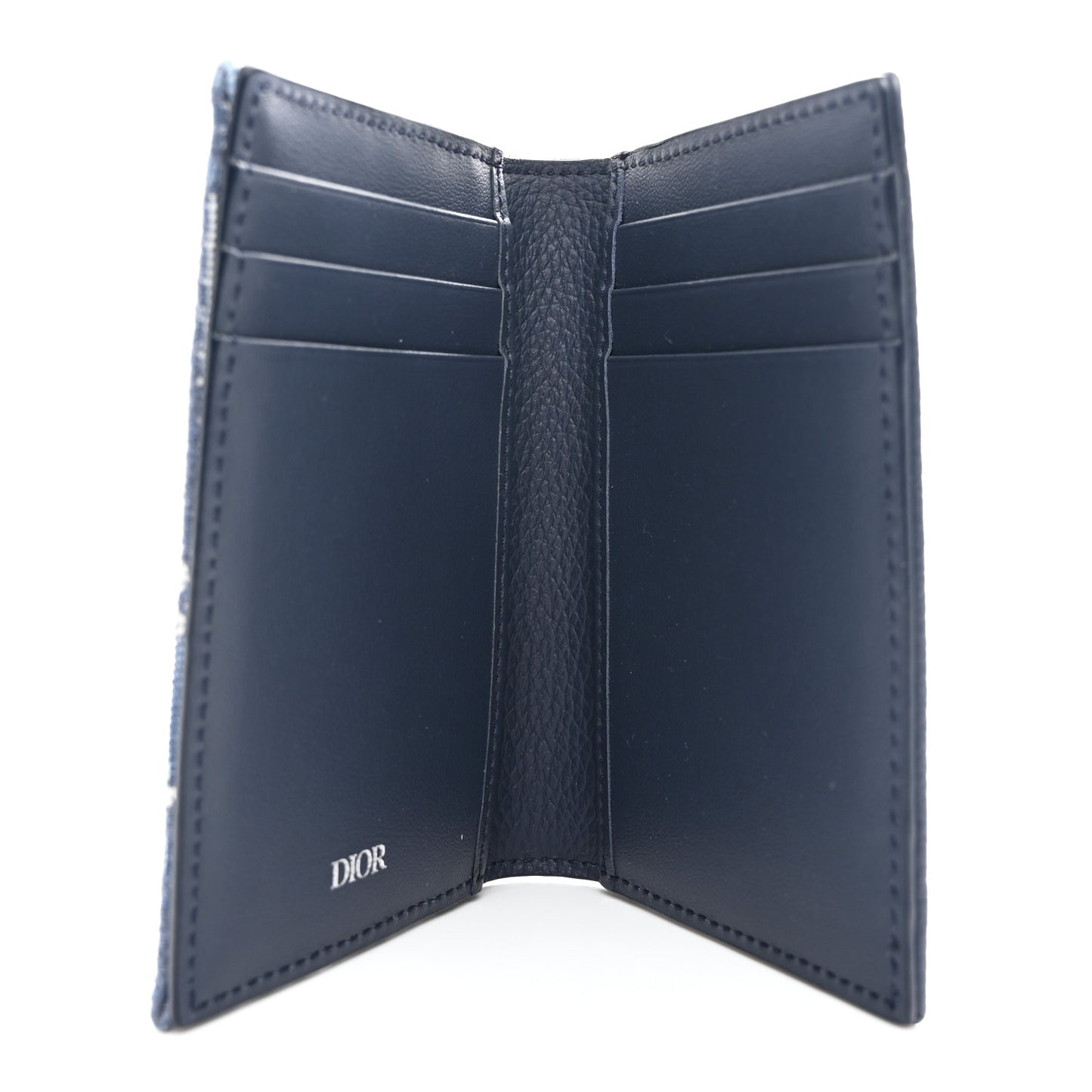 Grained Calfskin Oblique Saddle Bifold Card Holder Blue