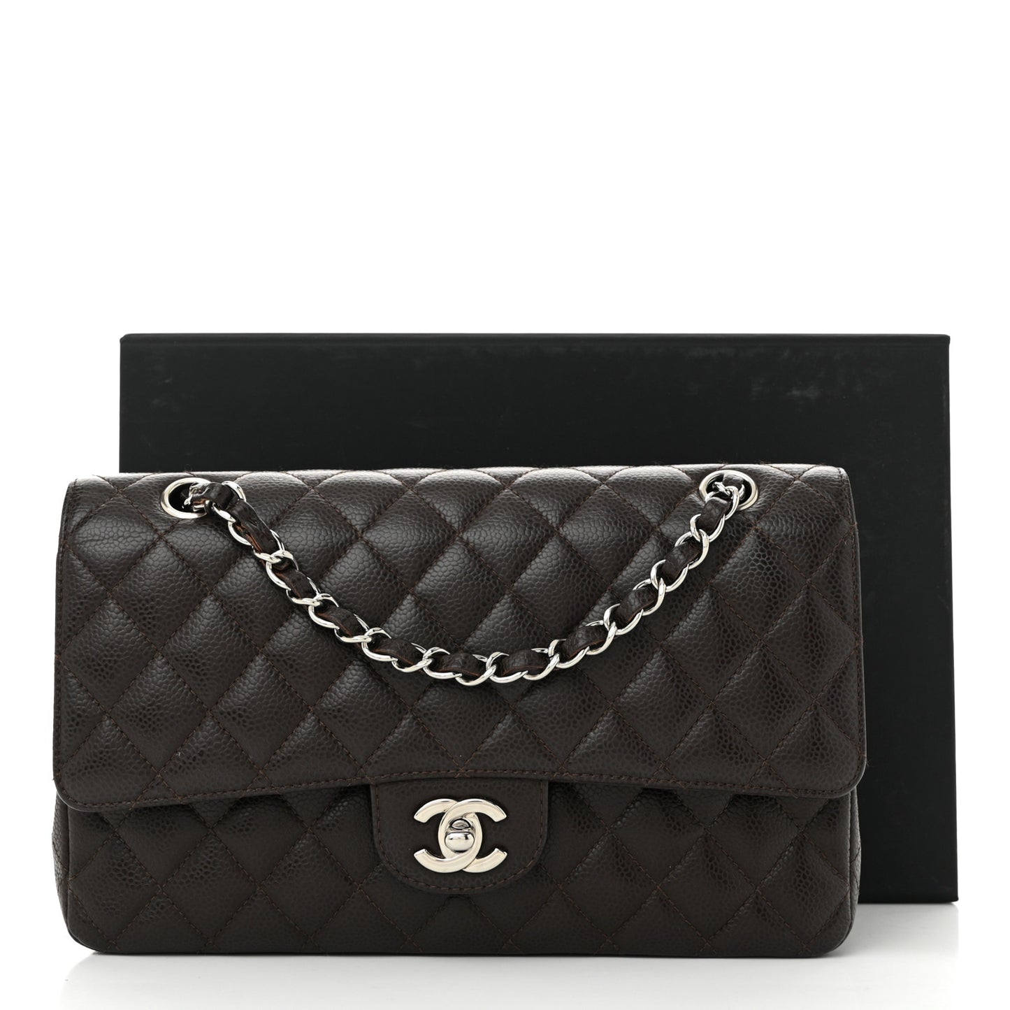 Caviar Quilted Medium Double Flap Brown