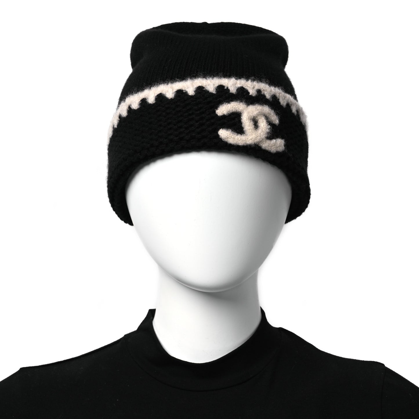Cashmere Wool CC Beanie Hat Black Light Beige
