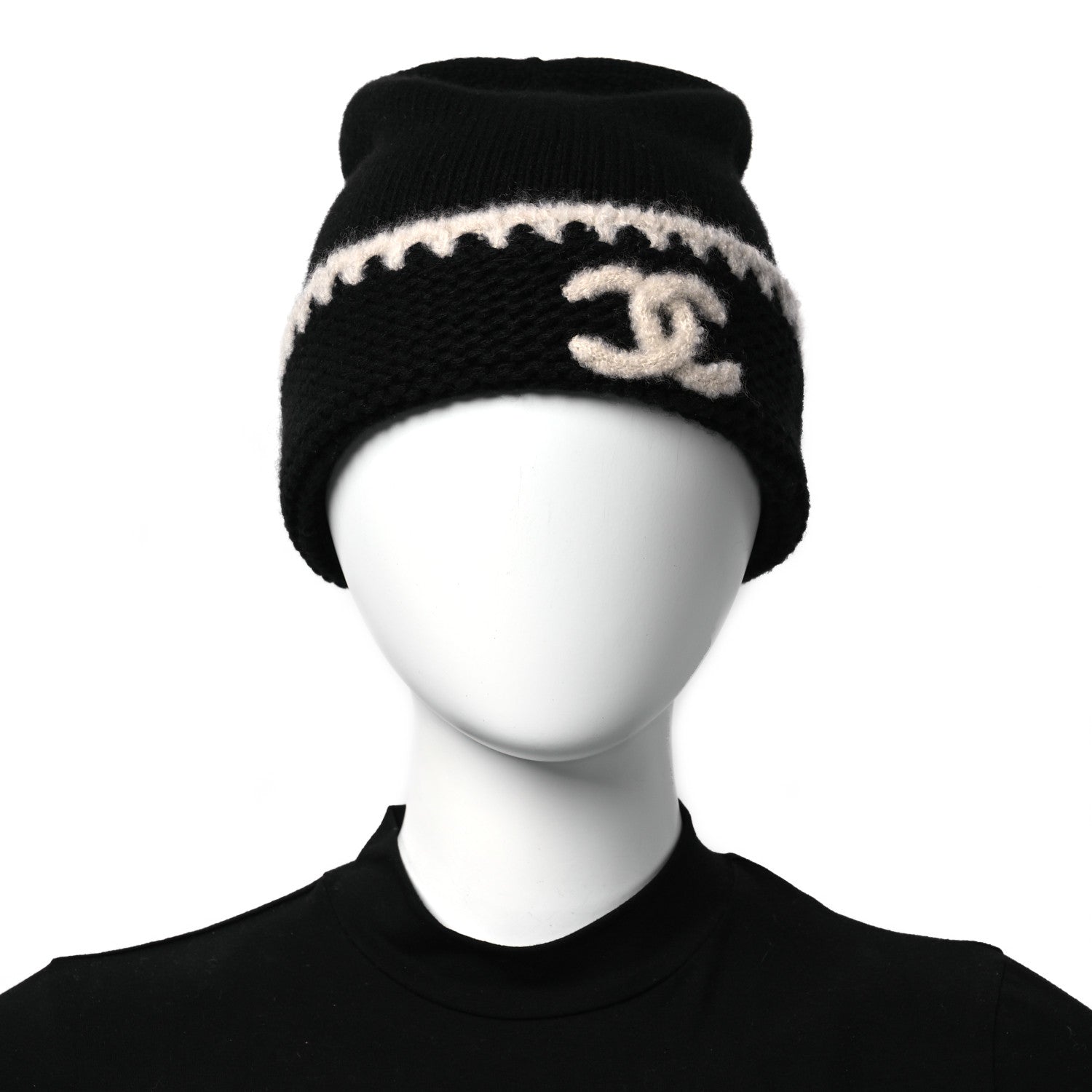 Chanel Cashmere Wool CC Beanie Hat Black Light Beige 2 of 7