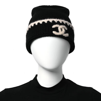 Chanel Cashmere Wool CC Beanie Hat Black Light Beige 2 of 7