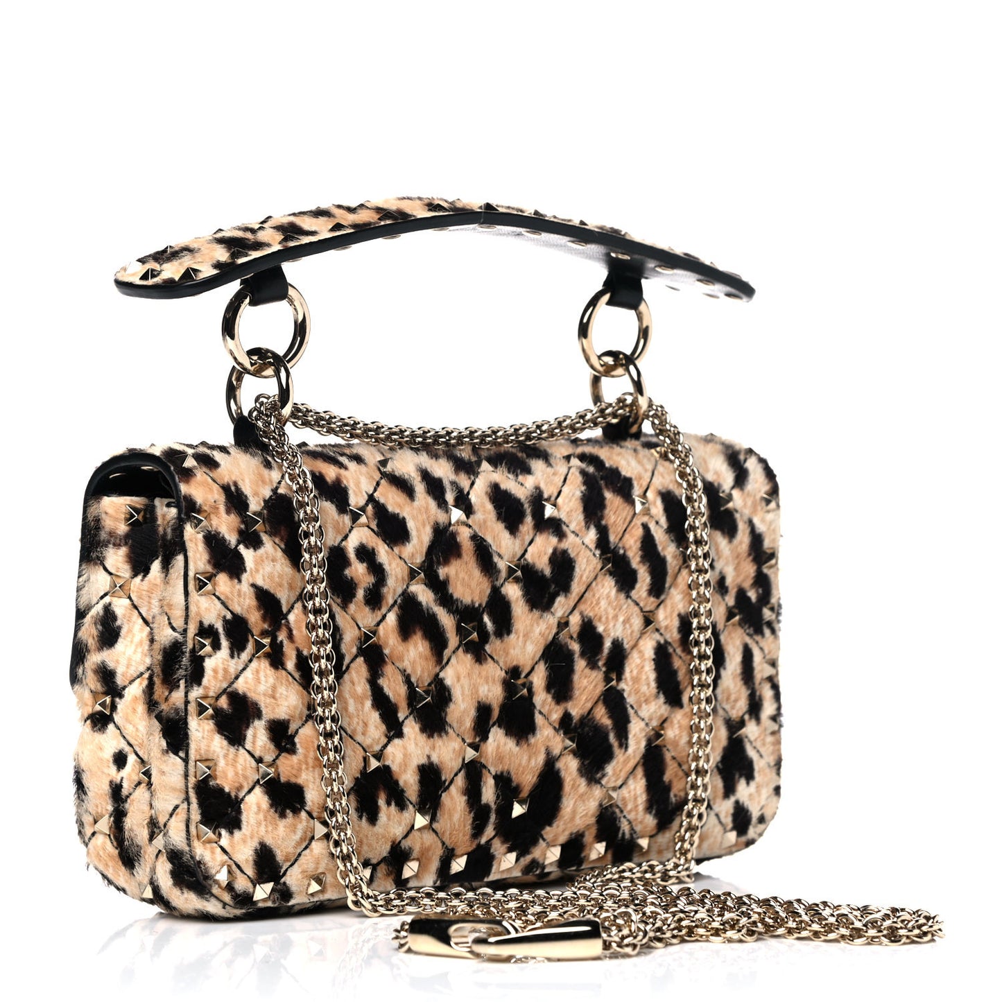 Calf Hair Leopard Print Small Rockstud Spike Shoulder Bag