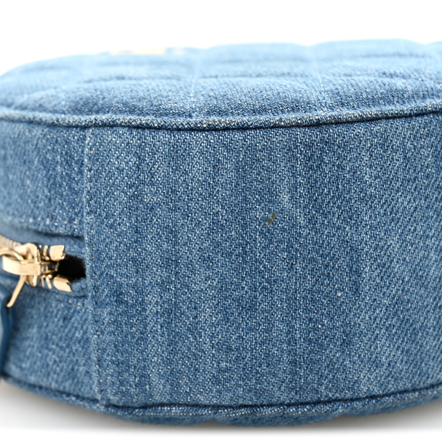 Denim Quilted Round Pearl Crush Clutch With Chain Blue