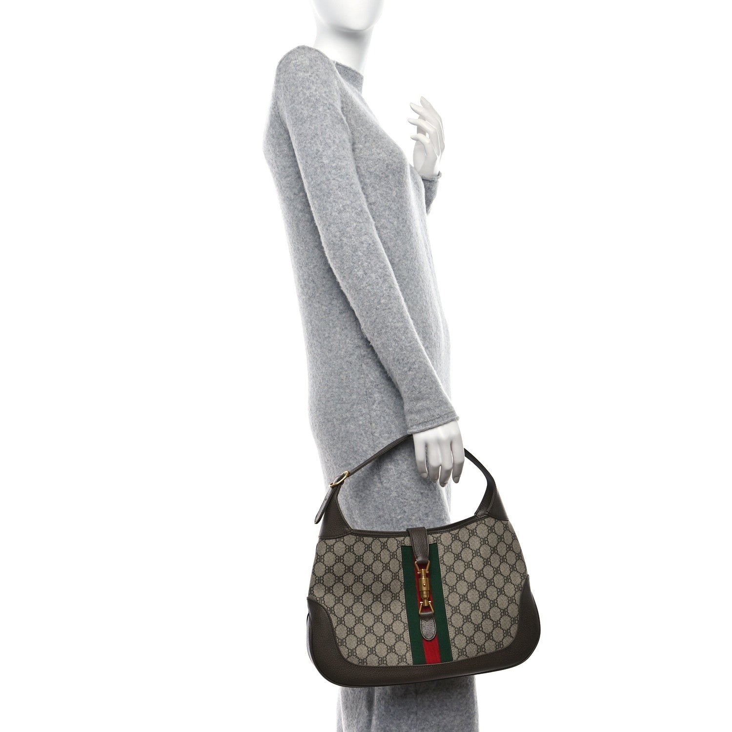 Gucci X BALENCIAGA Supreme Monogram Calfskin Web Medium Jackie 1961 Hobo Beige Ebony 2 of 9