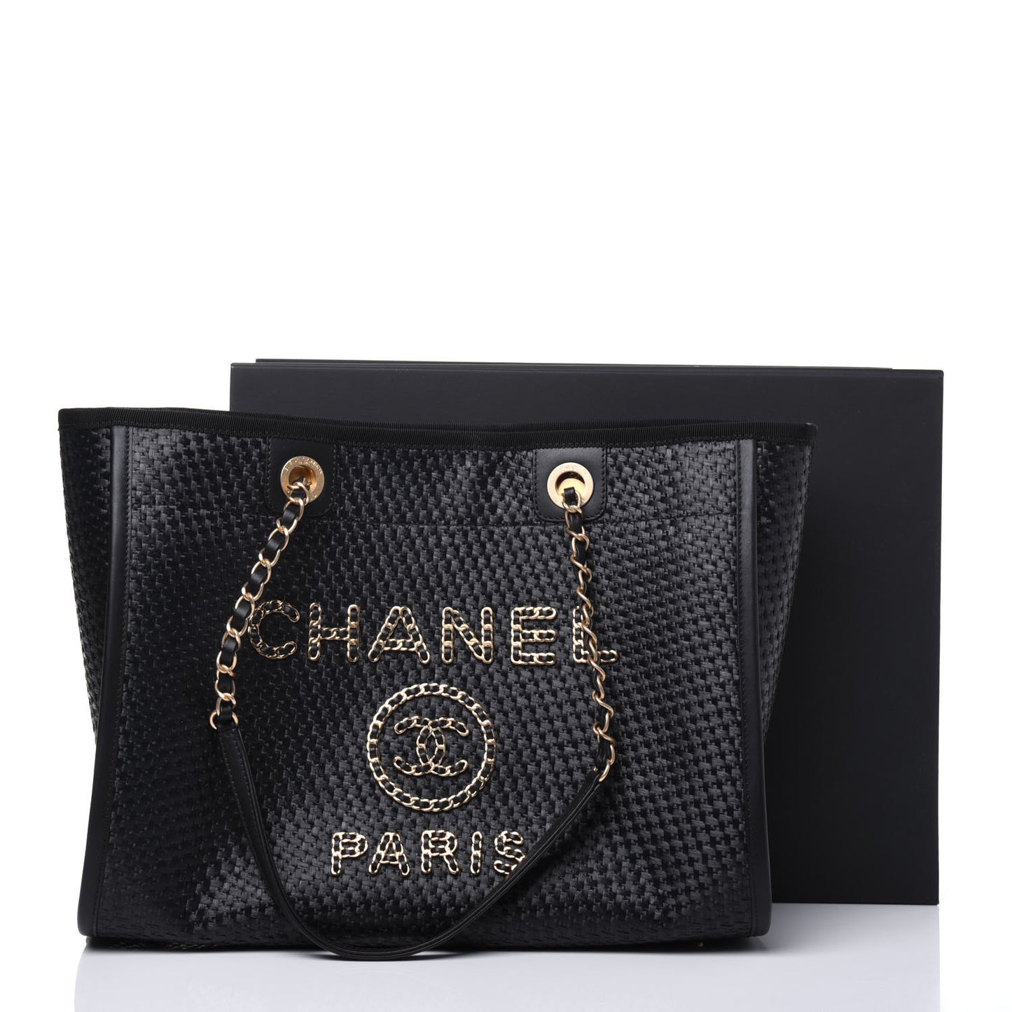 Straw Raffia Calfskin Chain Small Deauville Tote Black