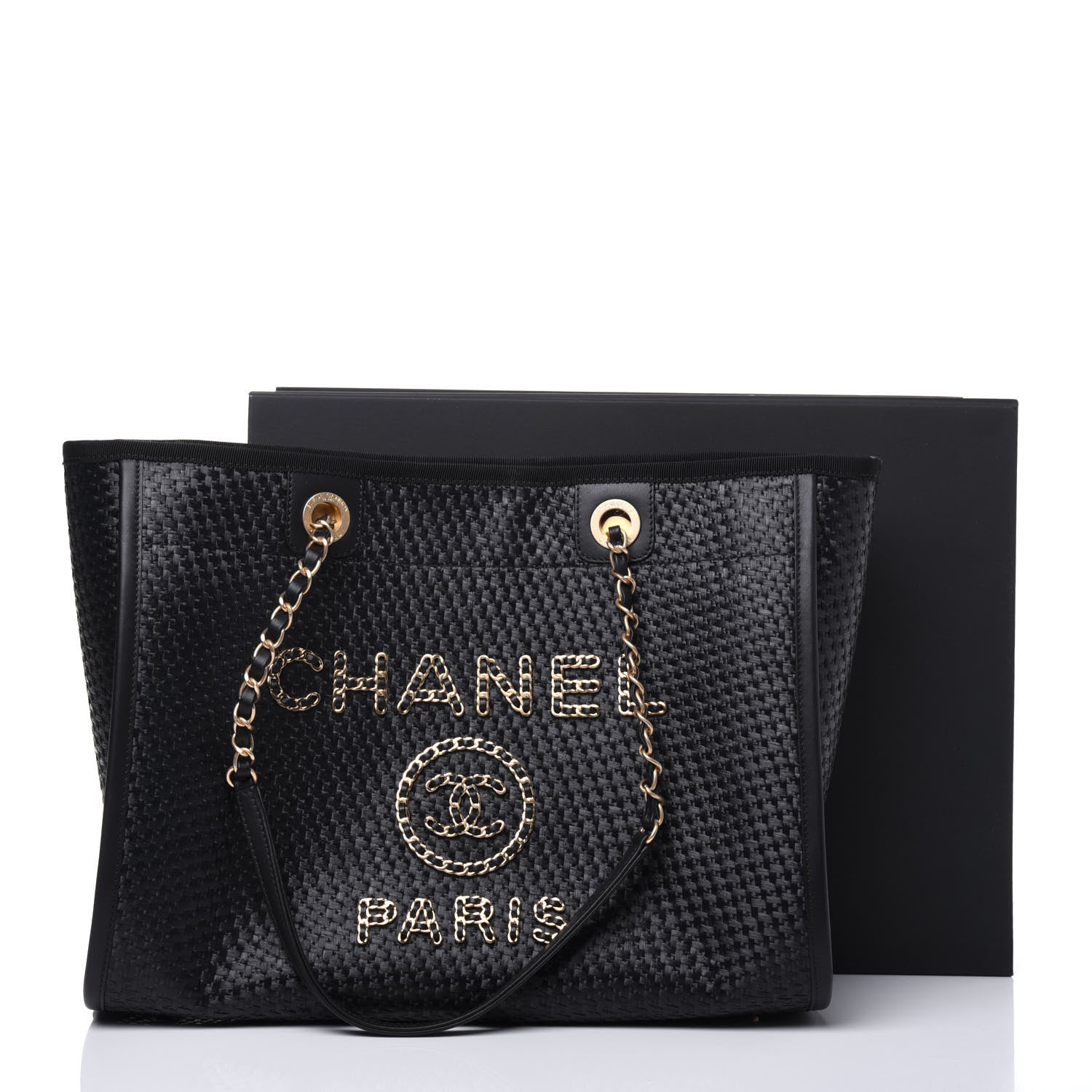 Chanel Straw Raffia Calfskin Chain Small Deauville Tote Black 13 of 13