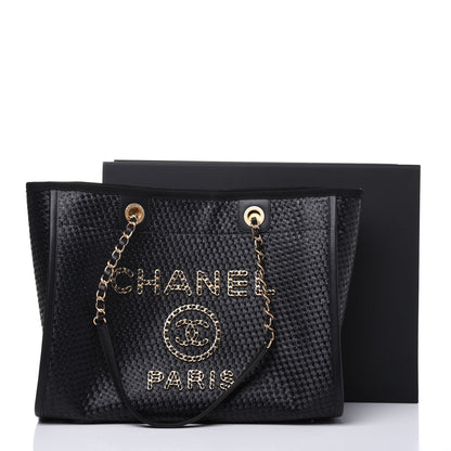 Chanel Straw Raffia Calfskin Chain Small Deauville Tote Black 13 of 13