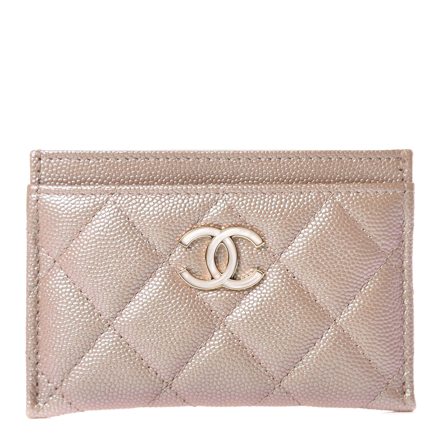 Iridescent Caviar Quilted Card Holder Beige