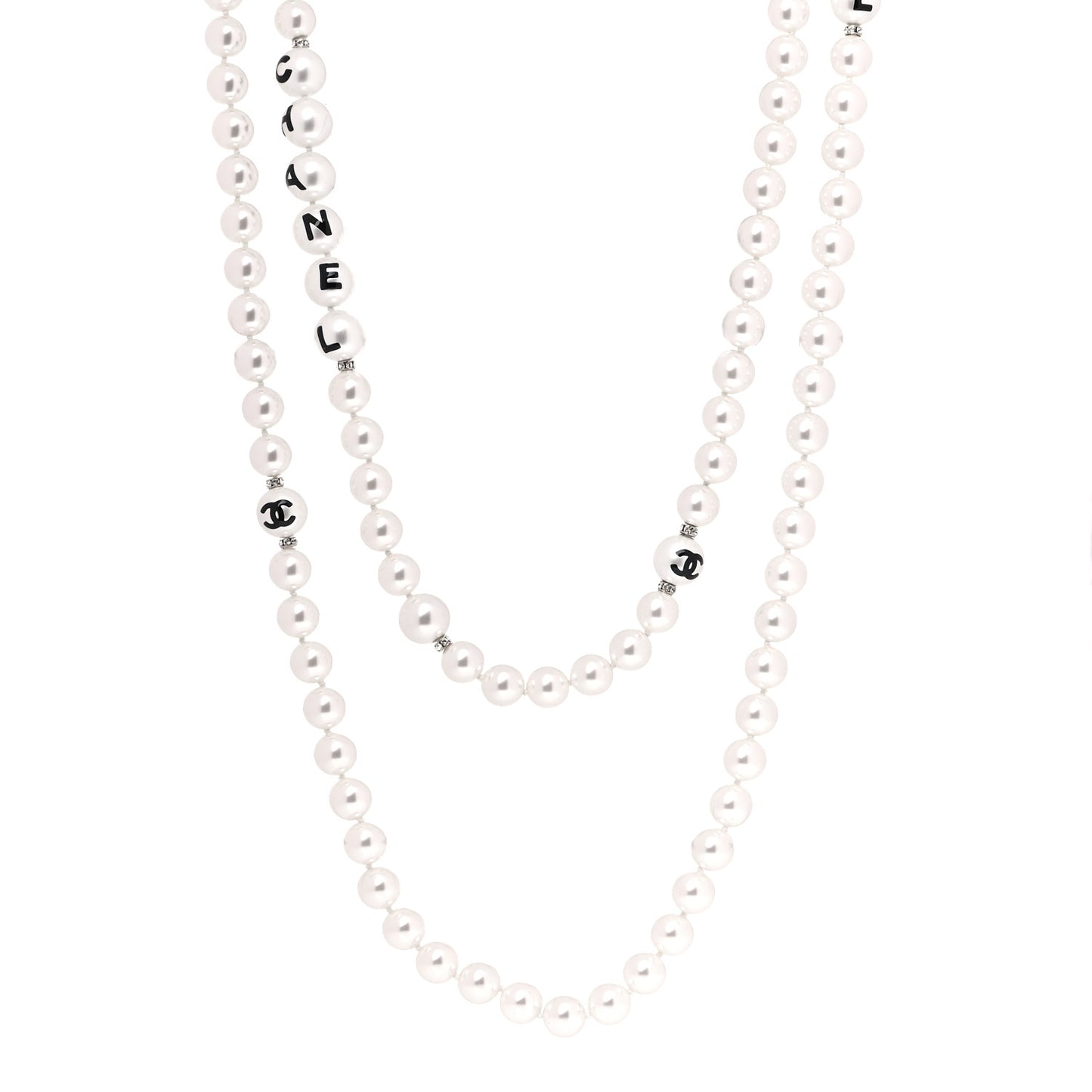 Pearl Crystal Long CC Logo Necklace Gold
