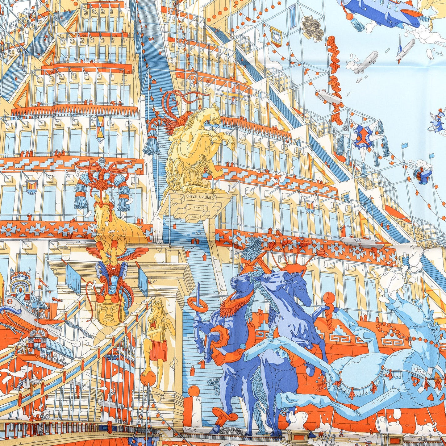 Silk La Legende Du Cheval Scarf 90 Orange Ciel Beige