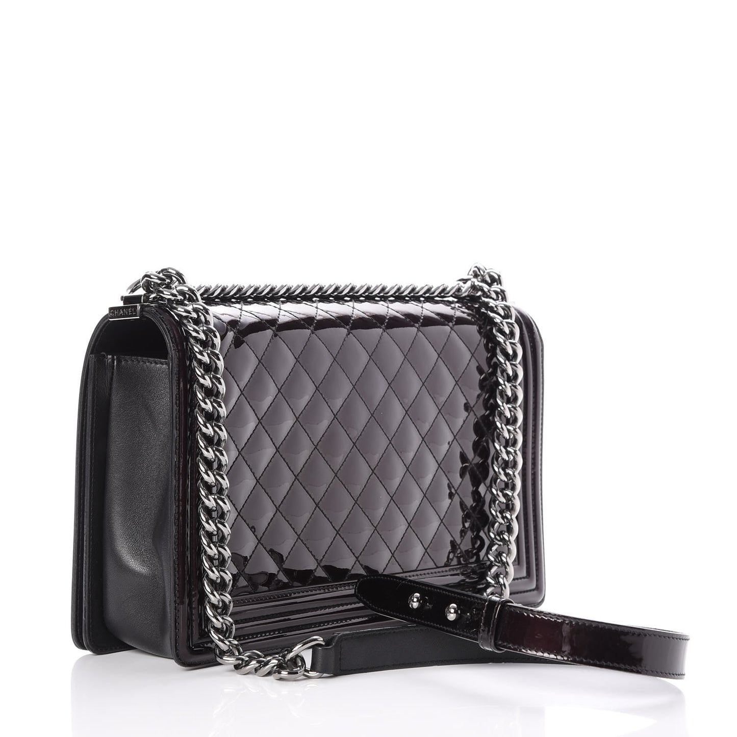 Patent Calfskin Quilted New Medium Plexiglass Boy Flap Black