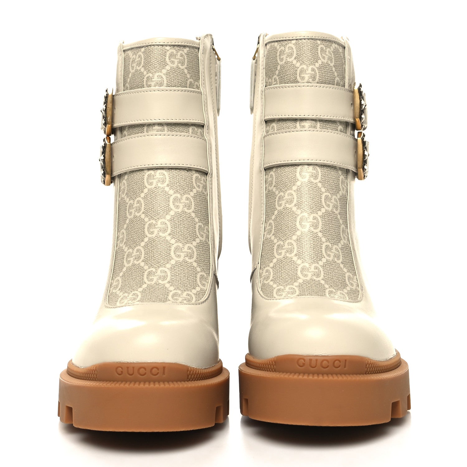 Gucci Kensington Calfskin Nappa GG Supreme Monogram Womens Double Buckle Ankle Boots 35.5 Mystic White Beige 2 of 9
