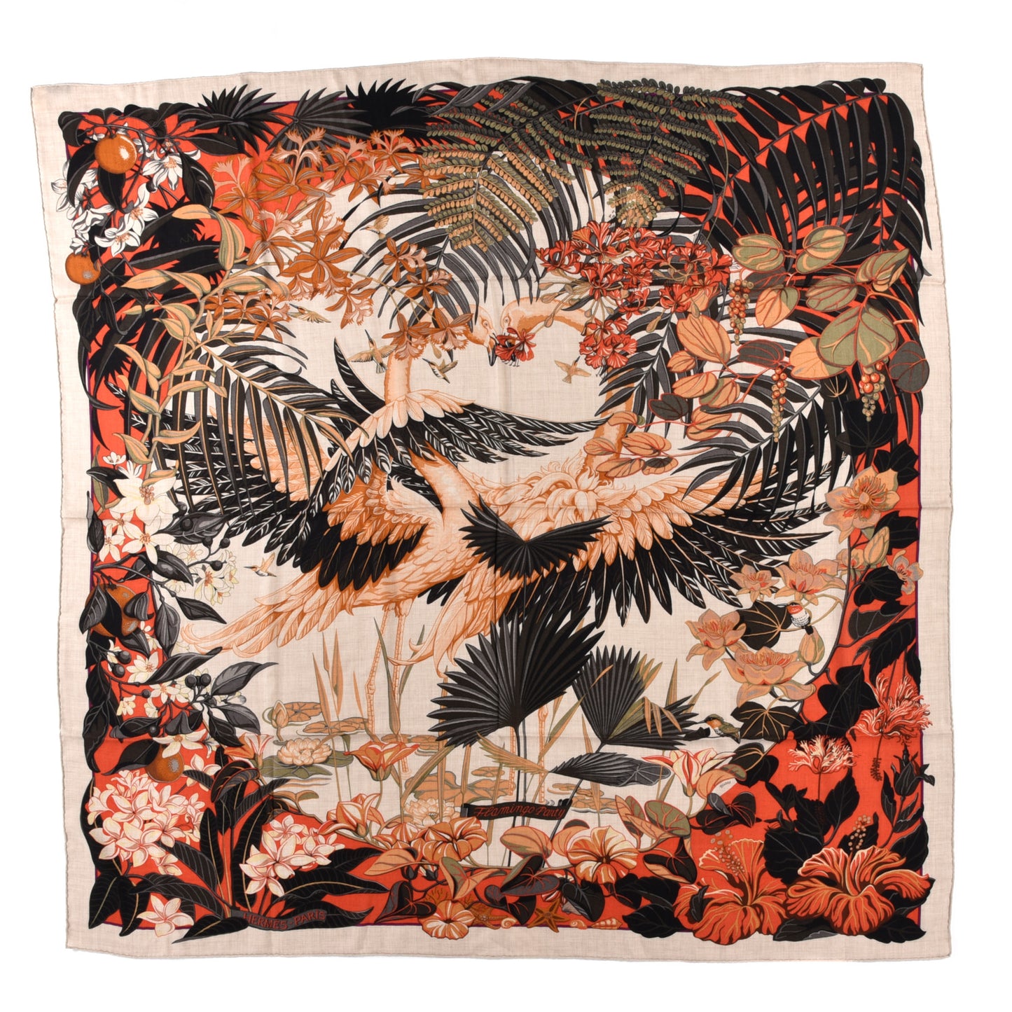 Cashmere Silk Flamingo Party Shawl 140 Naturel Corail Black