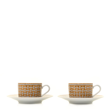 Hermes Porcelain Mosaique Au 24 Gold Tea Cup And Saucer Set Of 2 1 of 8