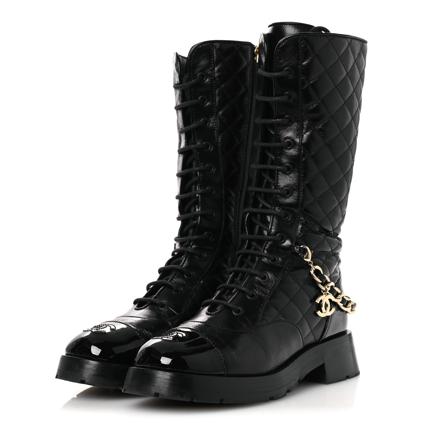 Shiny Calfskin Patent Quilted Chain Lace Up Combat Long Boots 37 Black