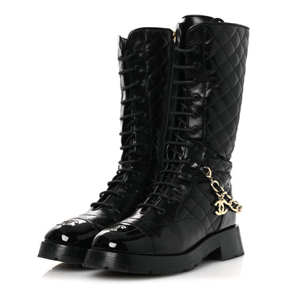 Chanel Shiny Calfskin Patent Quilted Chain Lace Up Combat Long Boots 37 Black 4 of 11
