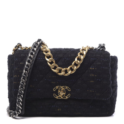 Chanel Tweed Quilted Large Chanel 19 Flap Black Navy Gold 1 of 11