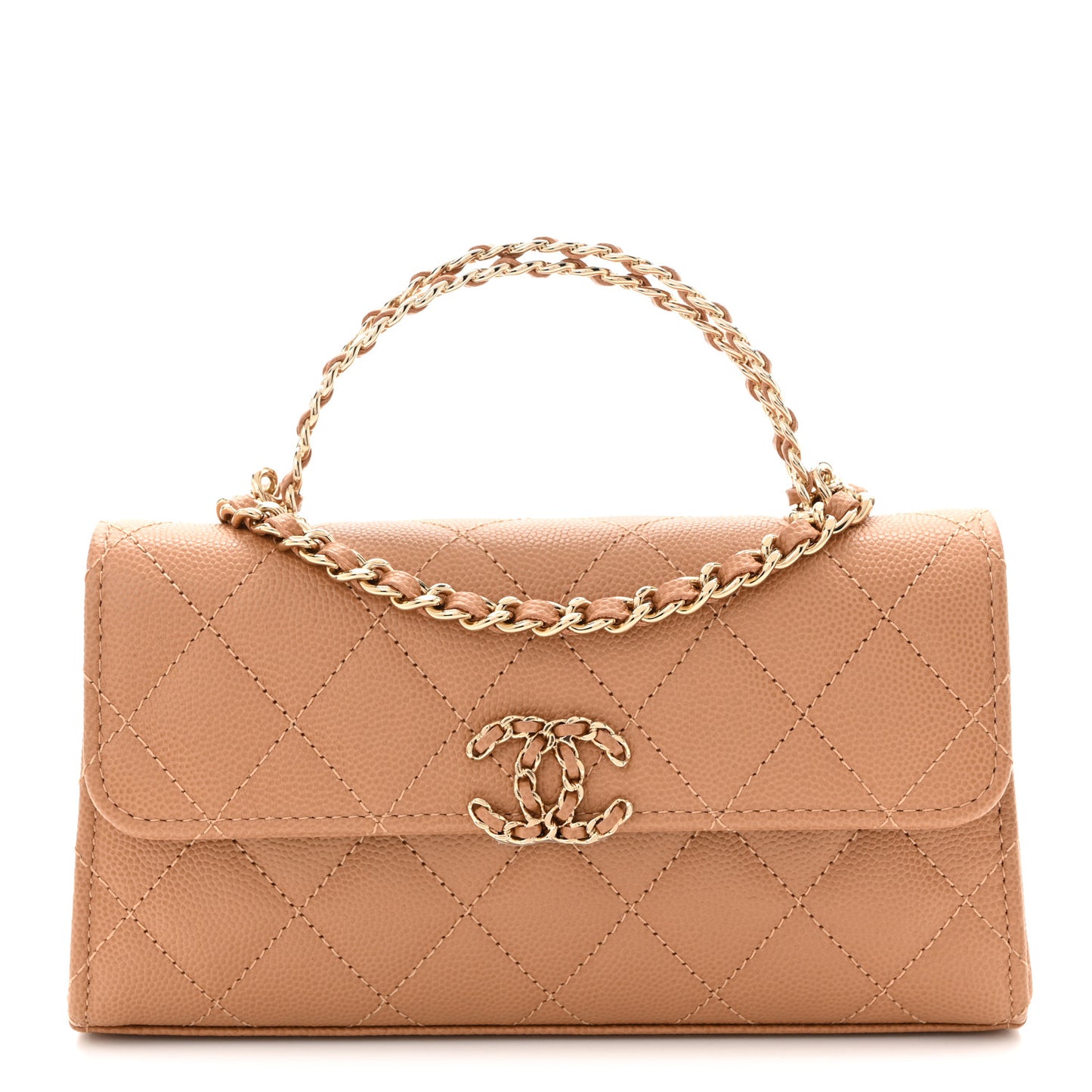 Caviar Quilted Chain Match Top Handle Phone Holder With Chain Beige