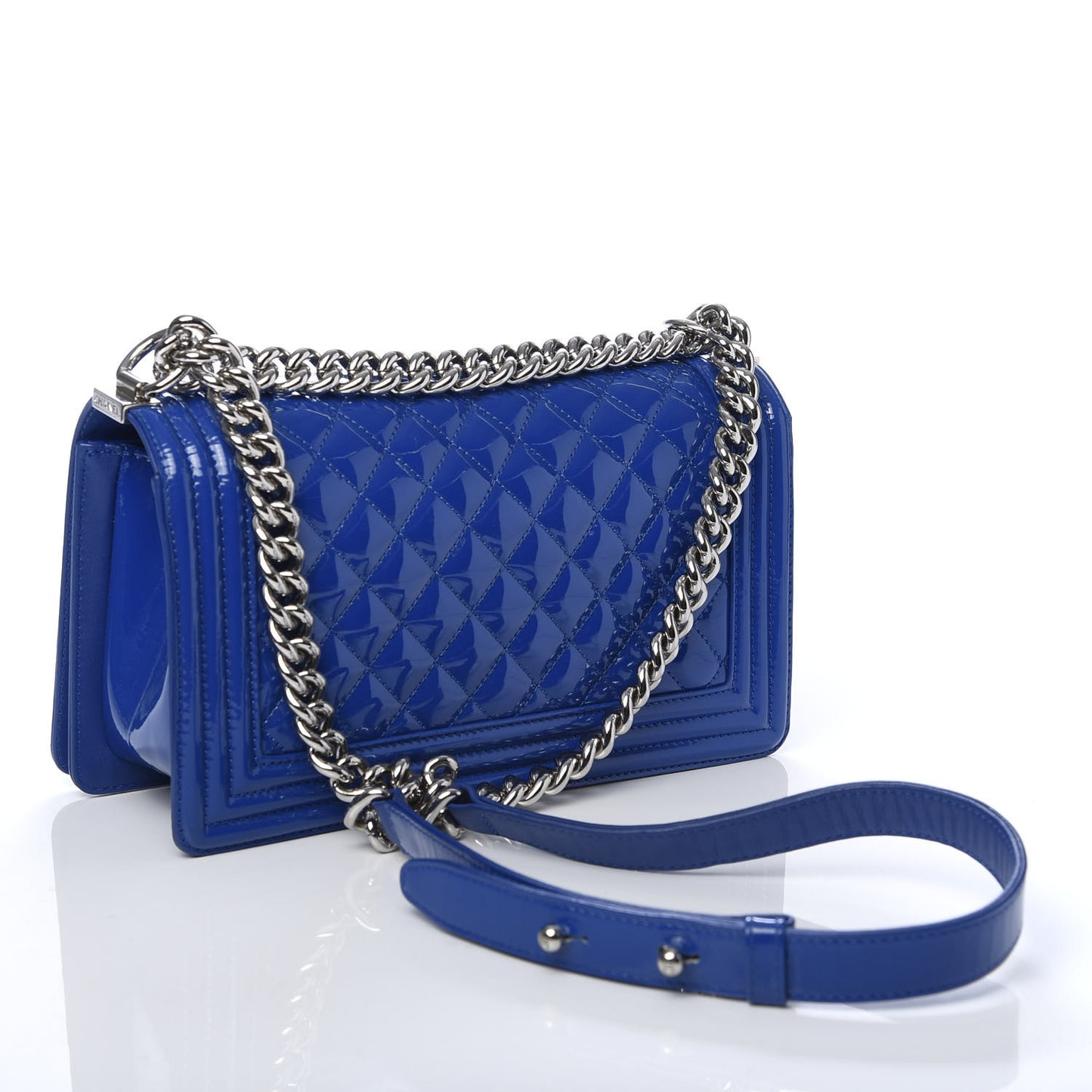 Patent Calfskin Quilted Medium Plexiglass Boy Flap Blue